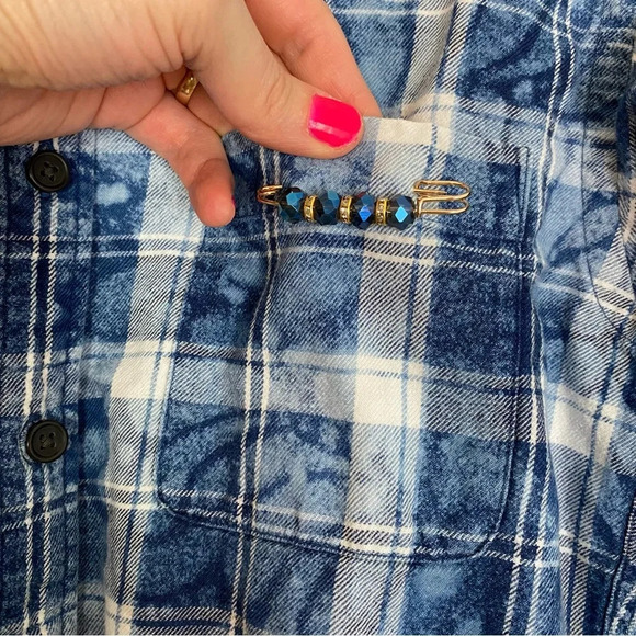 Handmade Boho Flannel Shirt Womens Small Denim Chambray Stencil Bleached Plaid - Picture 4 of 10